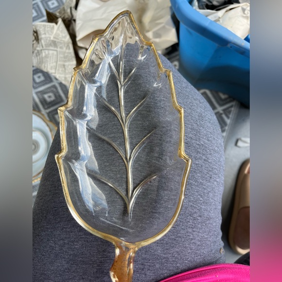 Gold-Trimmed Leaf-Shaped Glass Dish - Picture 1 of 1